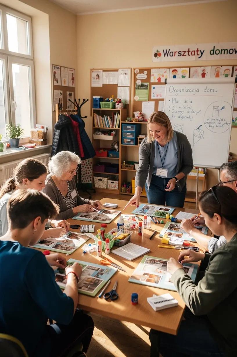 Zbliżenie na kalendarz ścienny z oznaczonymi powtarzającymi się zadaniami domowymi.